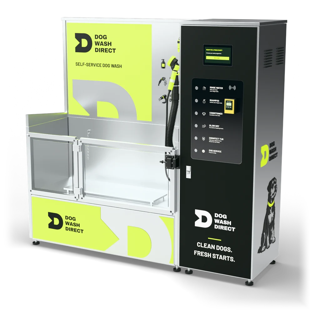 Basic dog wash machine — studio render with Dog Wash Direct branding