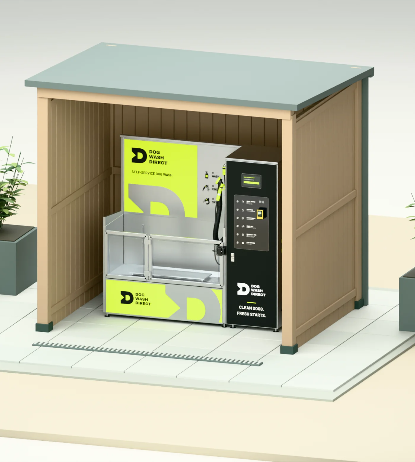 Dog Wash Direct machine in a compact timber shelter, with a paved wash area and planted surroundings — illustrative render.